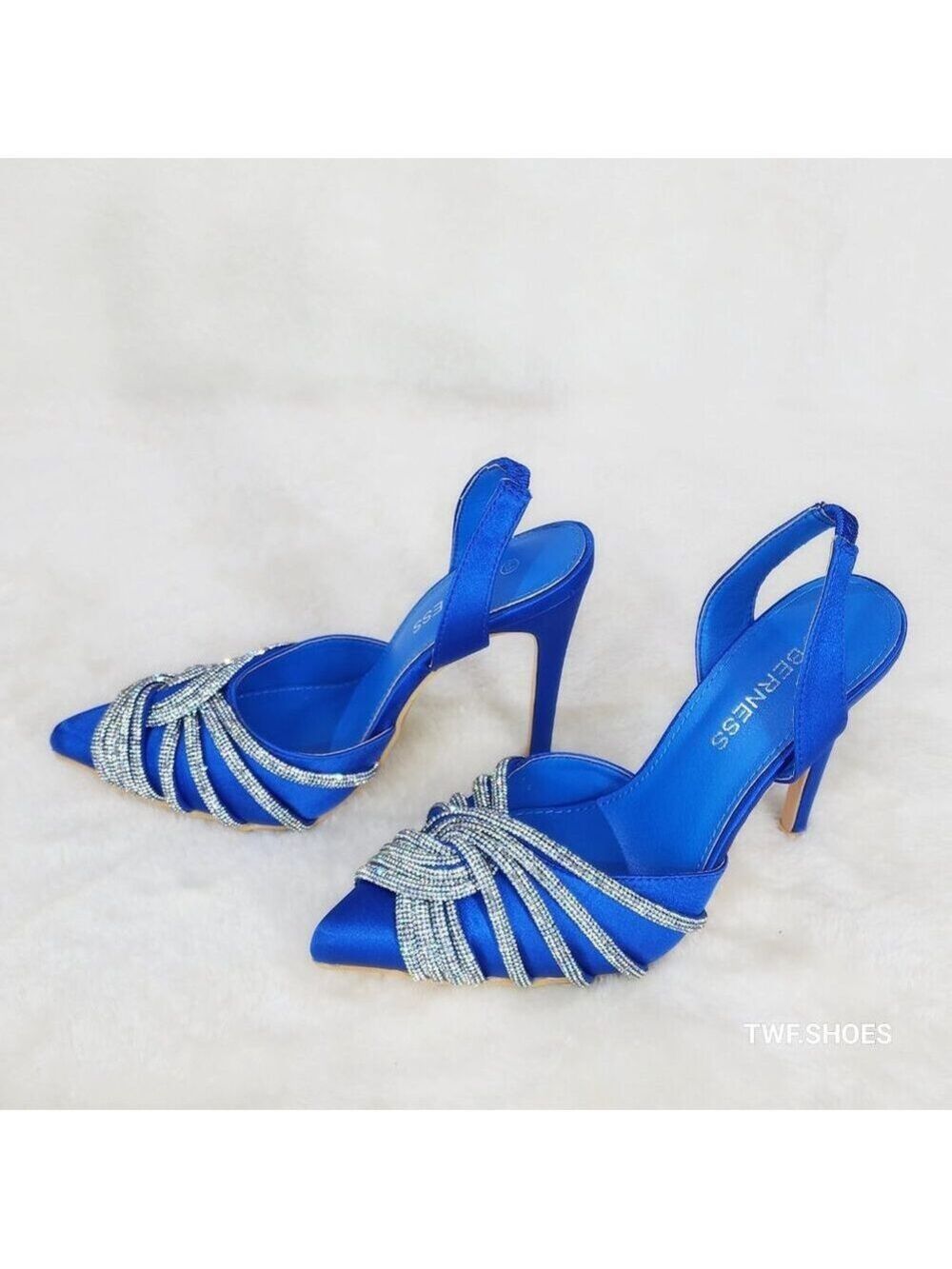 Elegance Slip on Slingback Blue Satin Rhinestone Pointy Toe High Heels Shoes